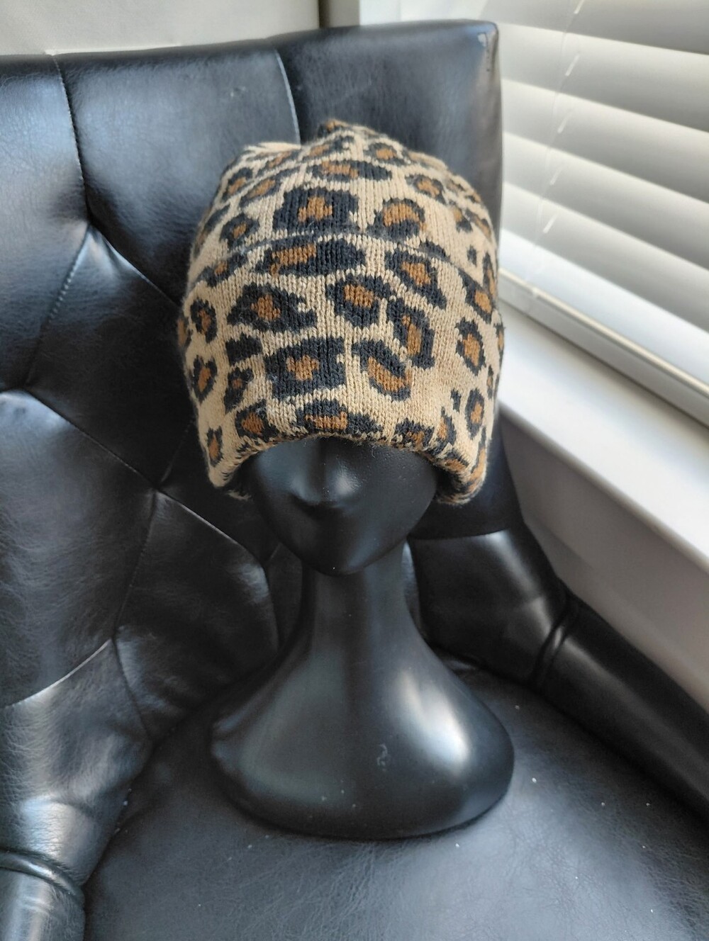 Leopard Print Beanie Hat - Tan & Black